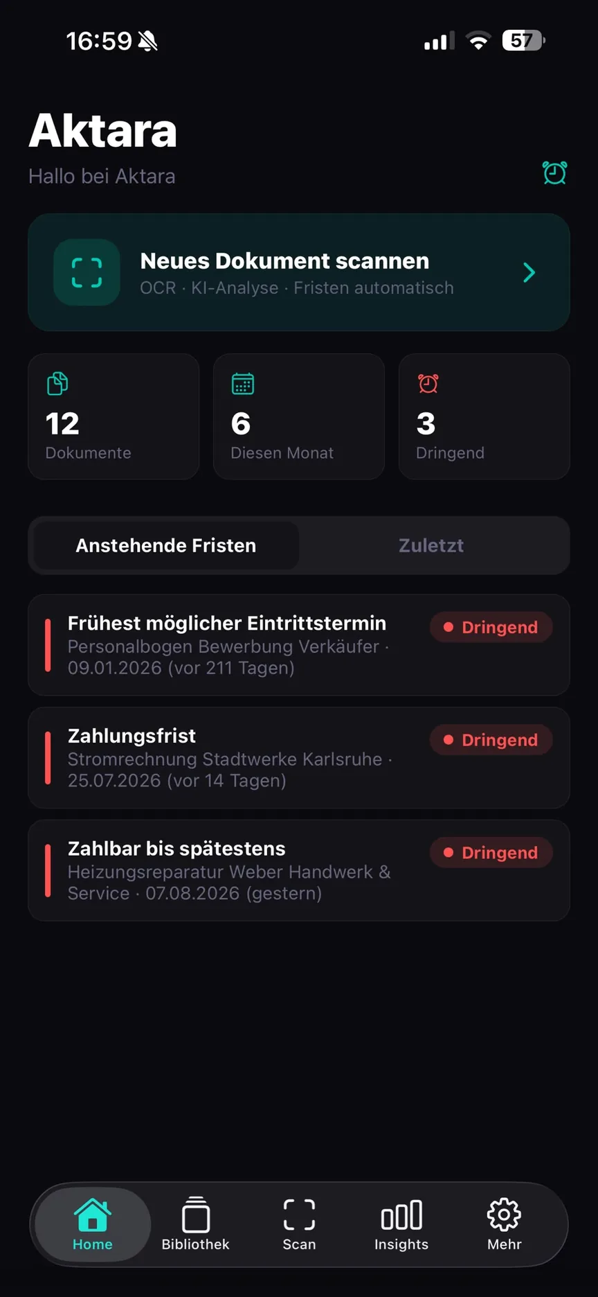 Aktara-App: Startbildschirm mit Dokumenten-Scan und anstehenden Fristen